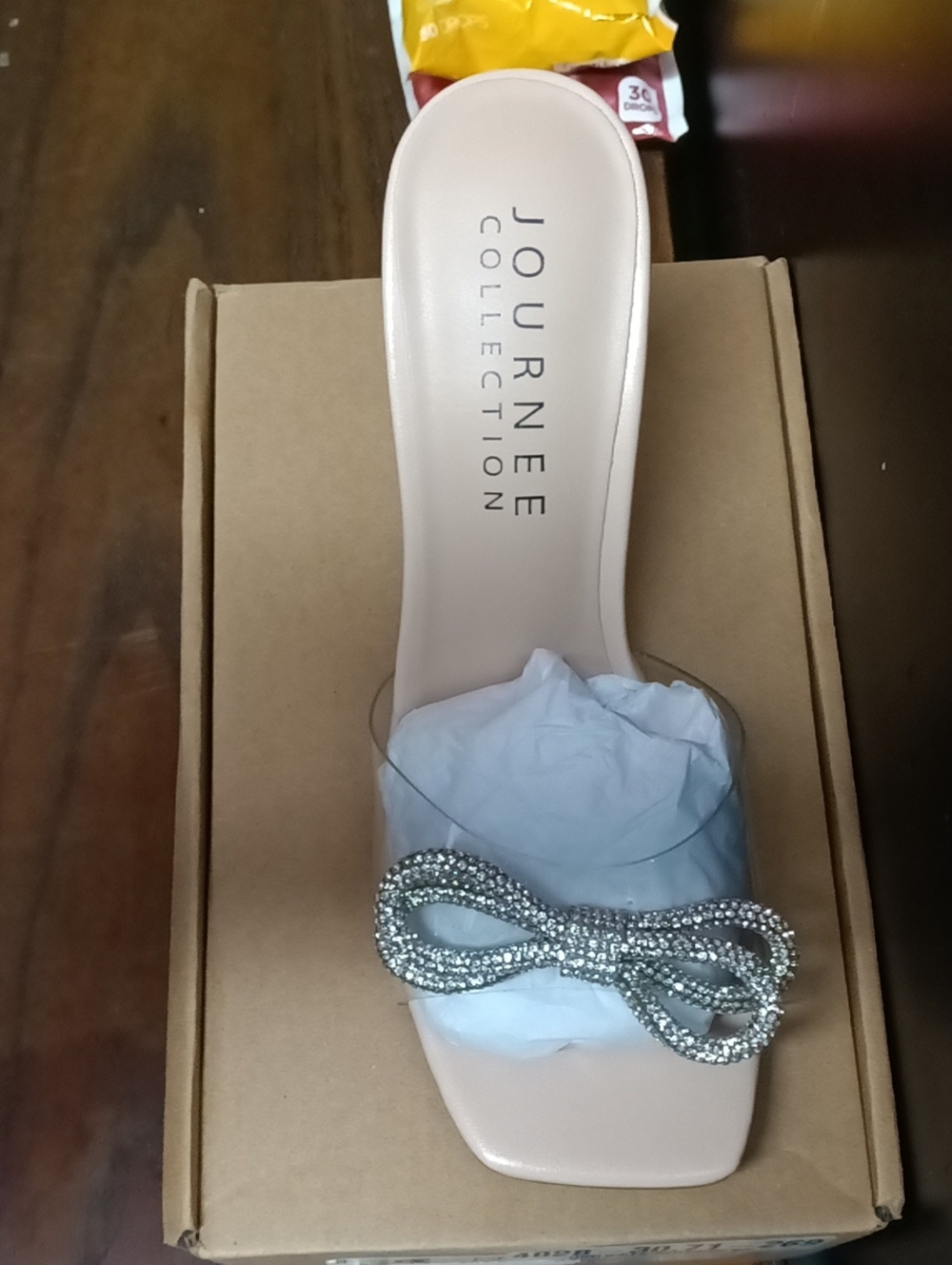 Journee Collection Nude Slide Sandal with Crystal Bow